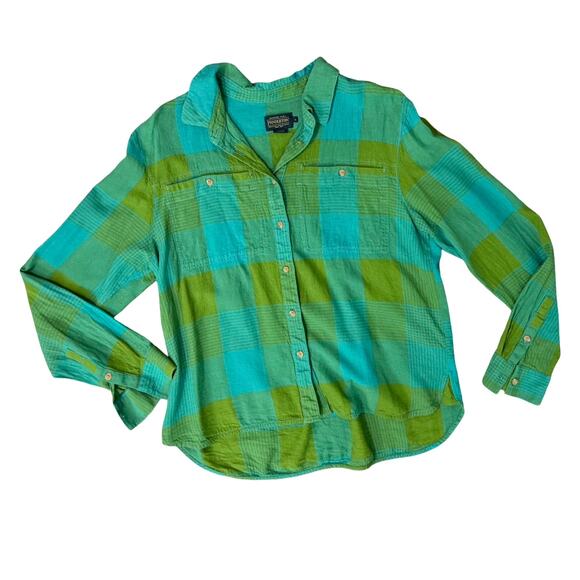 Pendleton Green Blue Plaid Adley Linen Blend Button Down Long Sleeve Shirt sz L - Picture 2 of 10